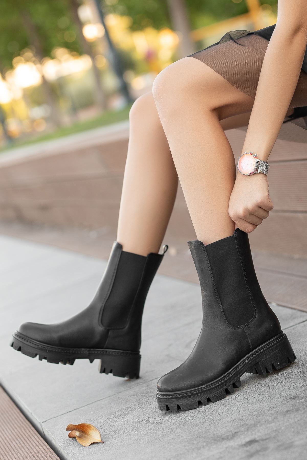 Black Leather Rubber Detailed Women's Boots - STREETMODE ™