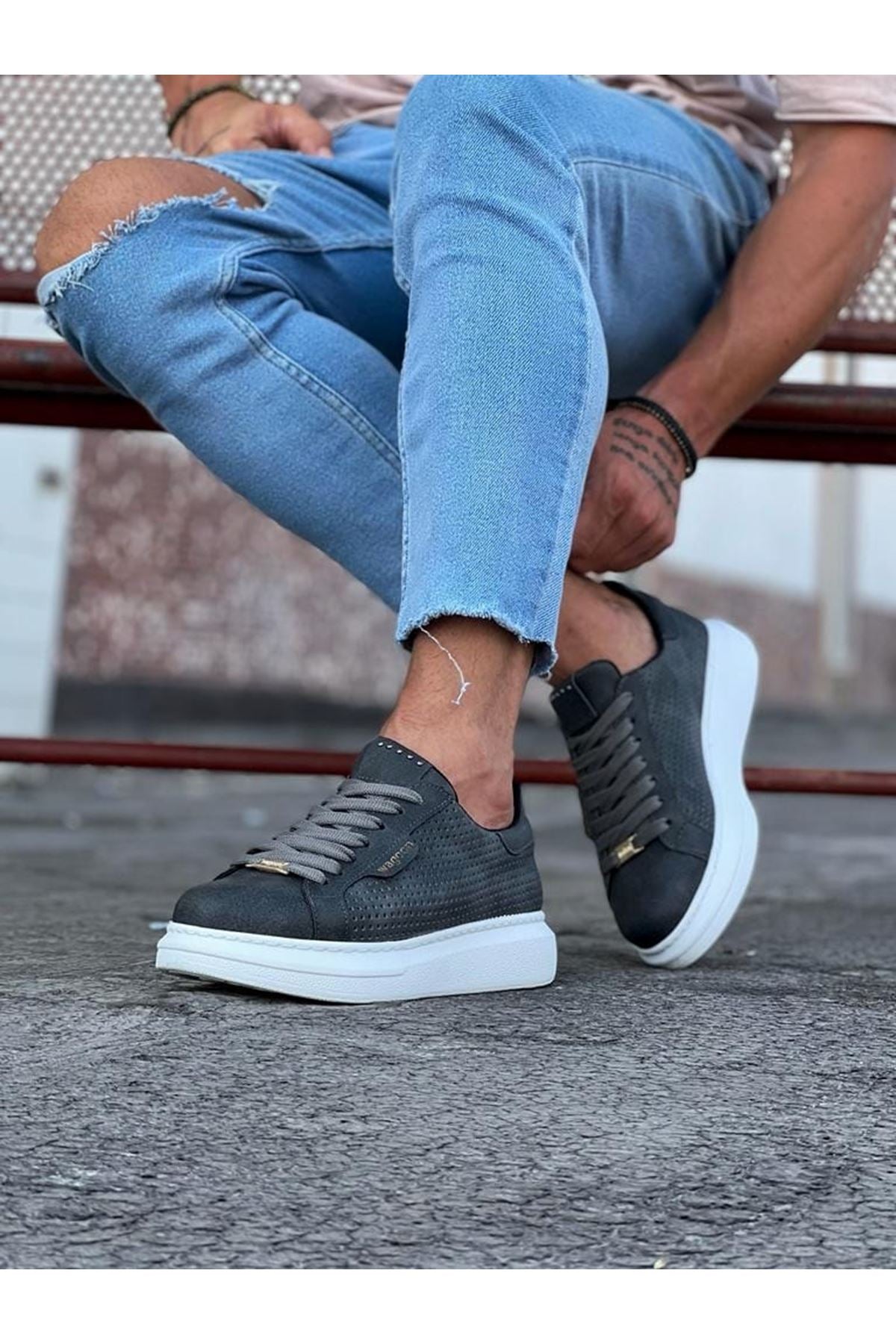 WG01 Gray Perforated Men's High-Sole Shoes sneakers - STREETMODE ™