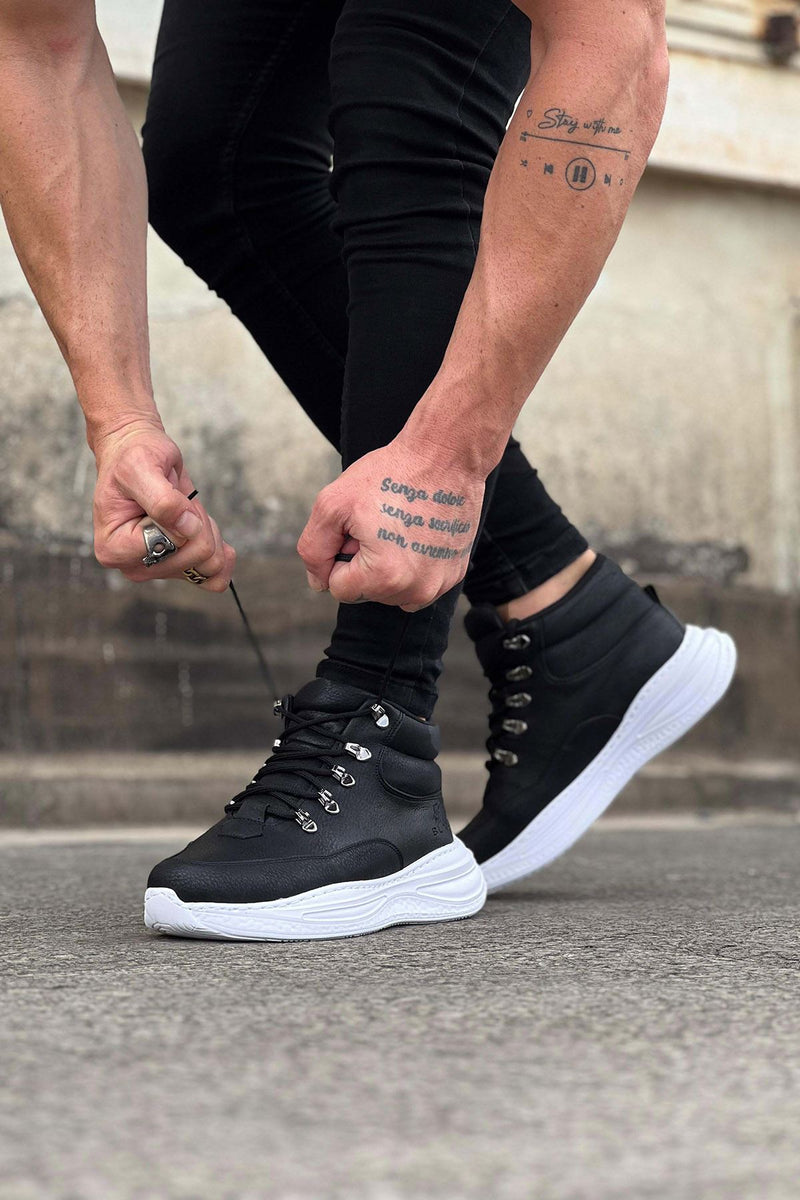 WG035 Black Leather High Sole Half Ankle Men's Boots - STREETMODE ™