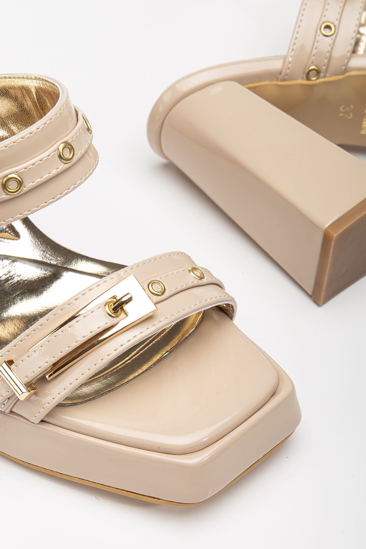 Women's Beige Patent Leather Platform Open Toe Thick Heel Shoes - STREETMODE ™