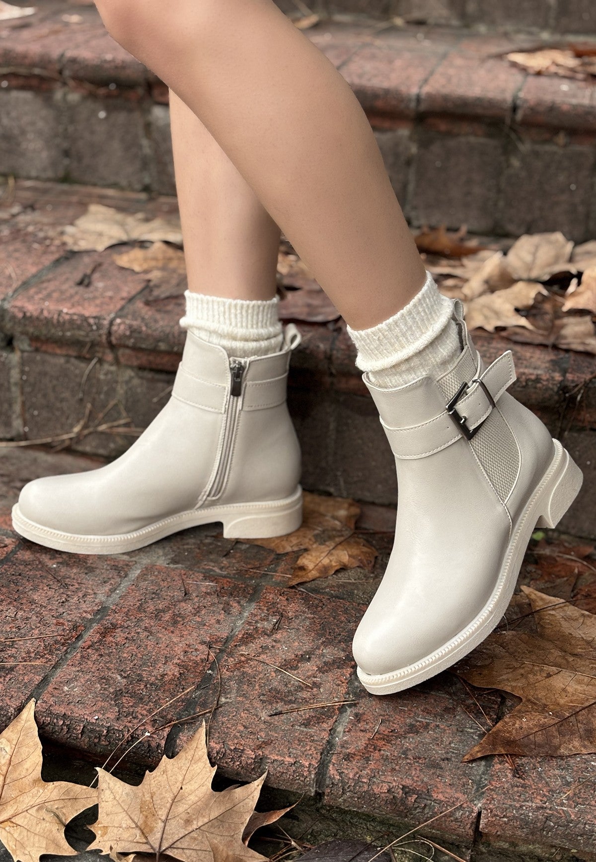 Women's Beige Leather Heeled Boots - STREETMODE ™