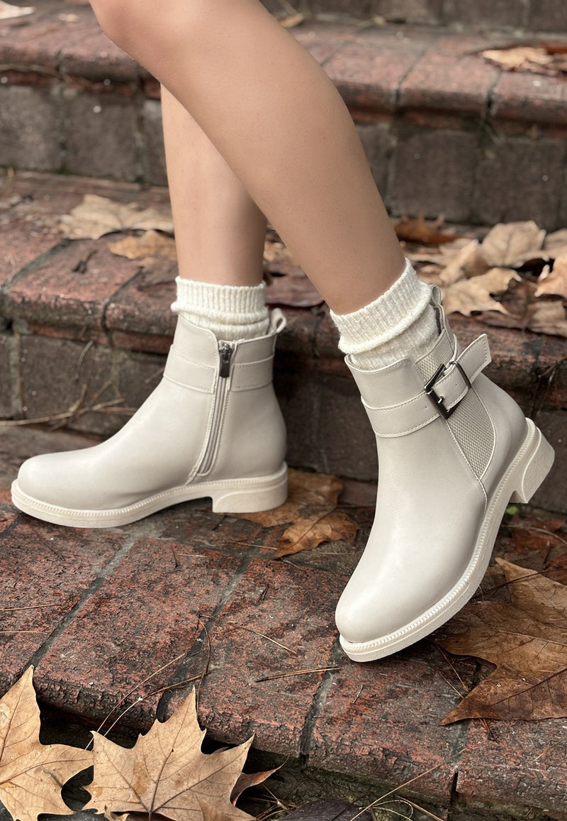 Women's Beige Leather Heeled Boots - STREETMODE ™
