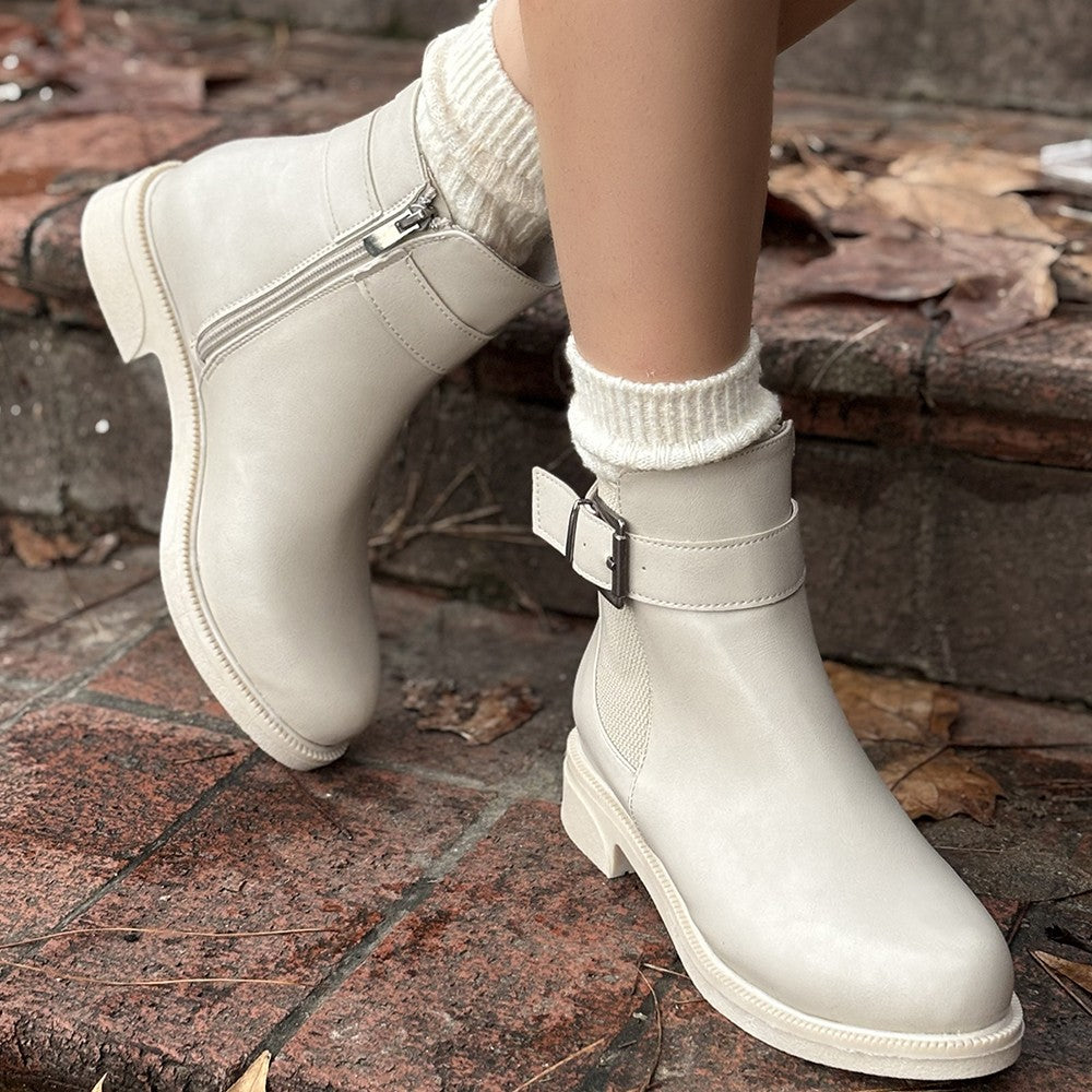 Women's Beige Leather Heeled Boots - STREETMODE ™