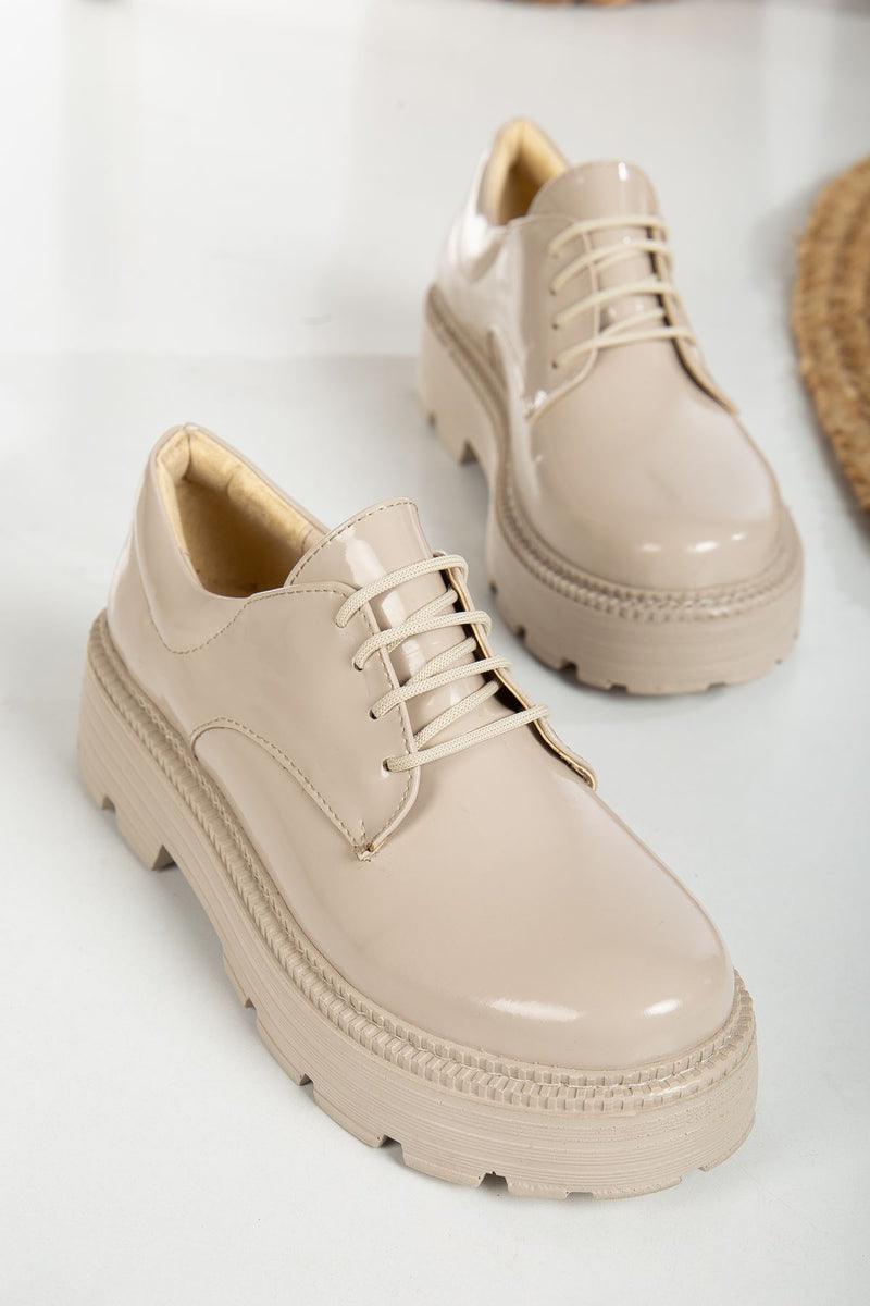 Western Lace Detailed Beige Patent Leather Women's Stylish Casual Shoes - STREETMODE ™