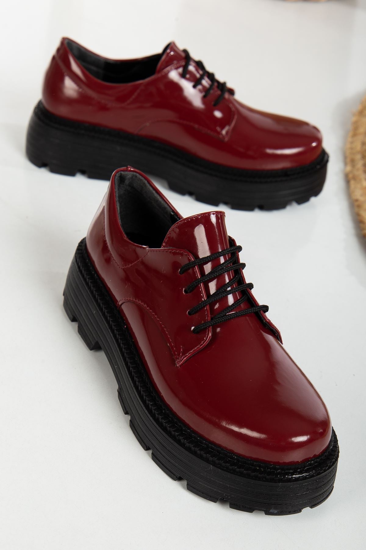 Western Lace Detailed Burgundy Patent Leather Women's Stylish Casual Shoes - STREETMODE ™