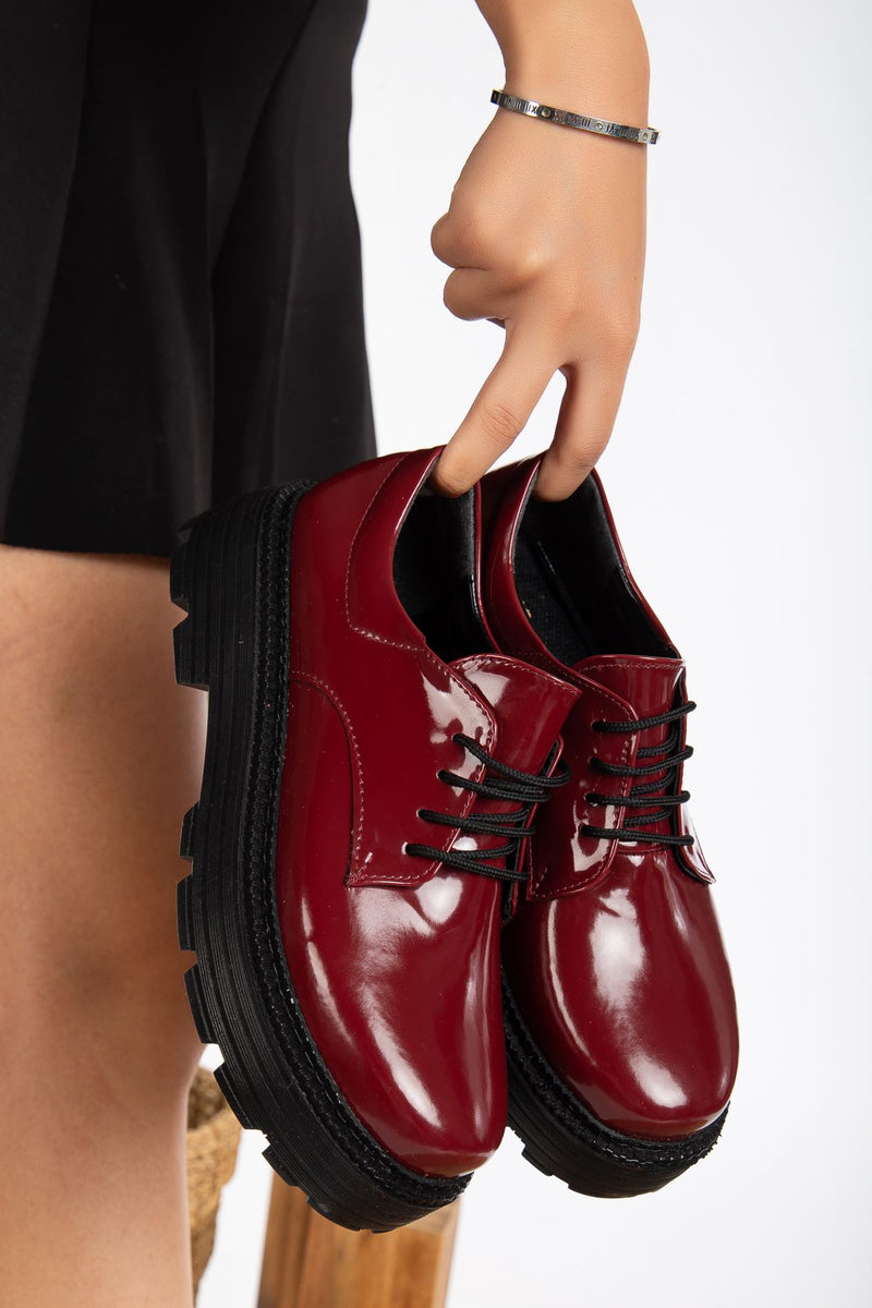 Western Lace Detailed Burgundy Patent Leather Women's Stylish Casual Shoes - STREETMODE ™