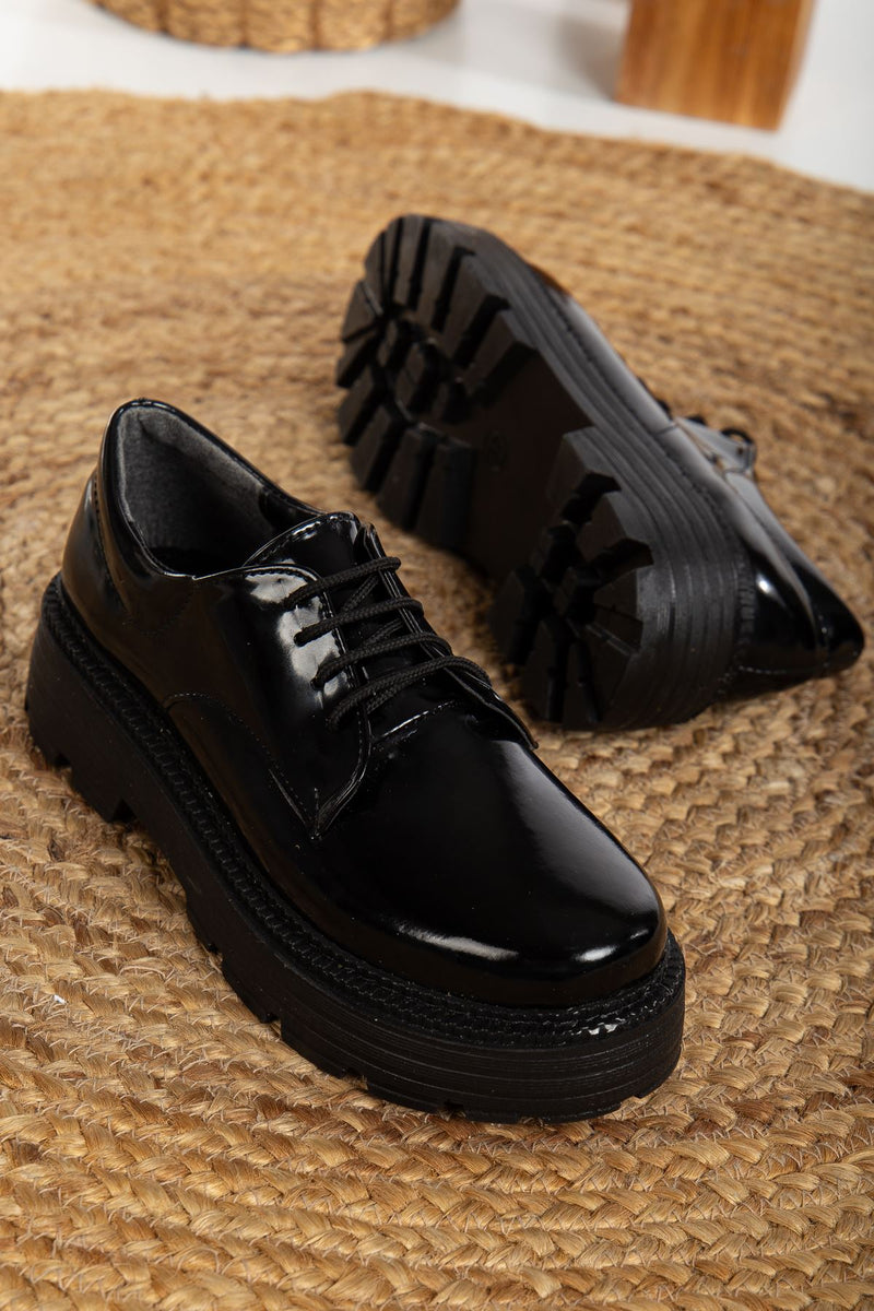 Western Lace Detailed Black Patent Leather Women's Stylish Casual Shoes - STREETMODE ™