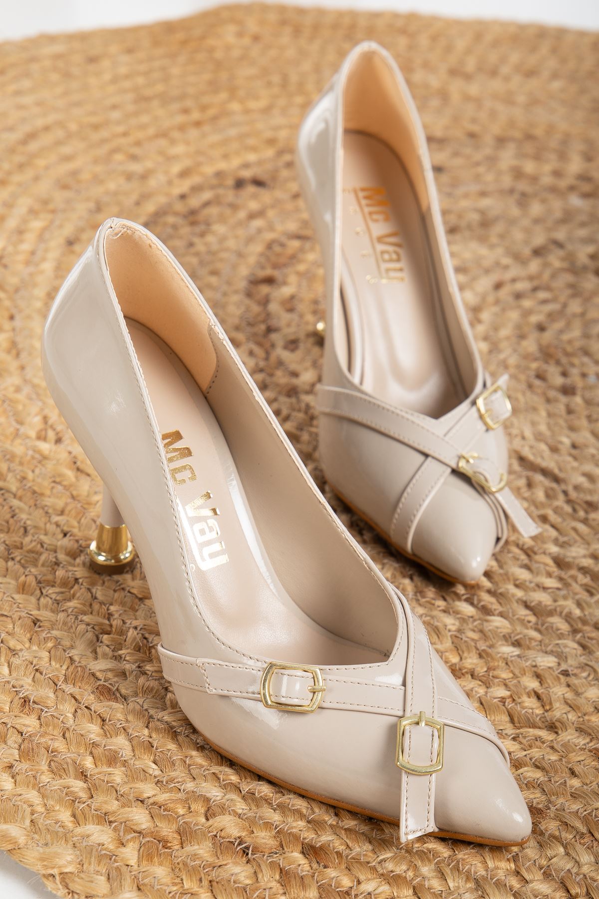 Women's Beige Double Buckle Detailed Pointed Toe Stiletto - STREETMODE ™