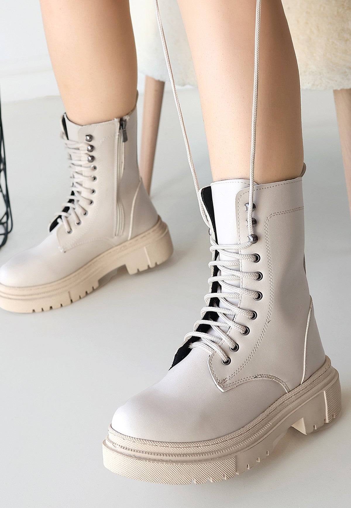 Women's Beige Leather Laced Boots - STREETMODE ™