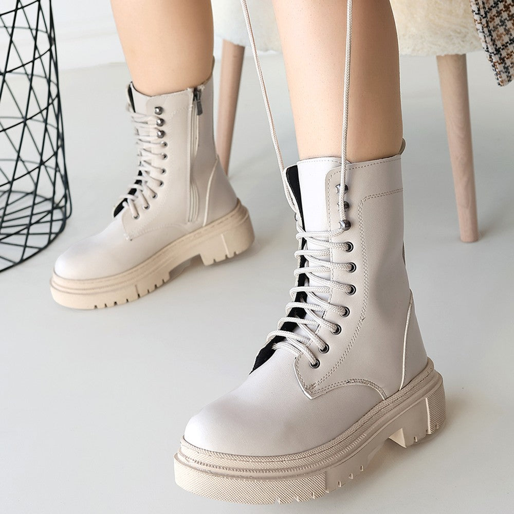 Women's Beige Leather Laced Boots - STREETMODE ™