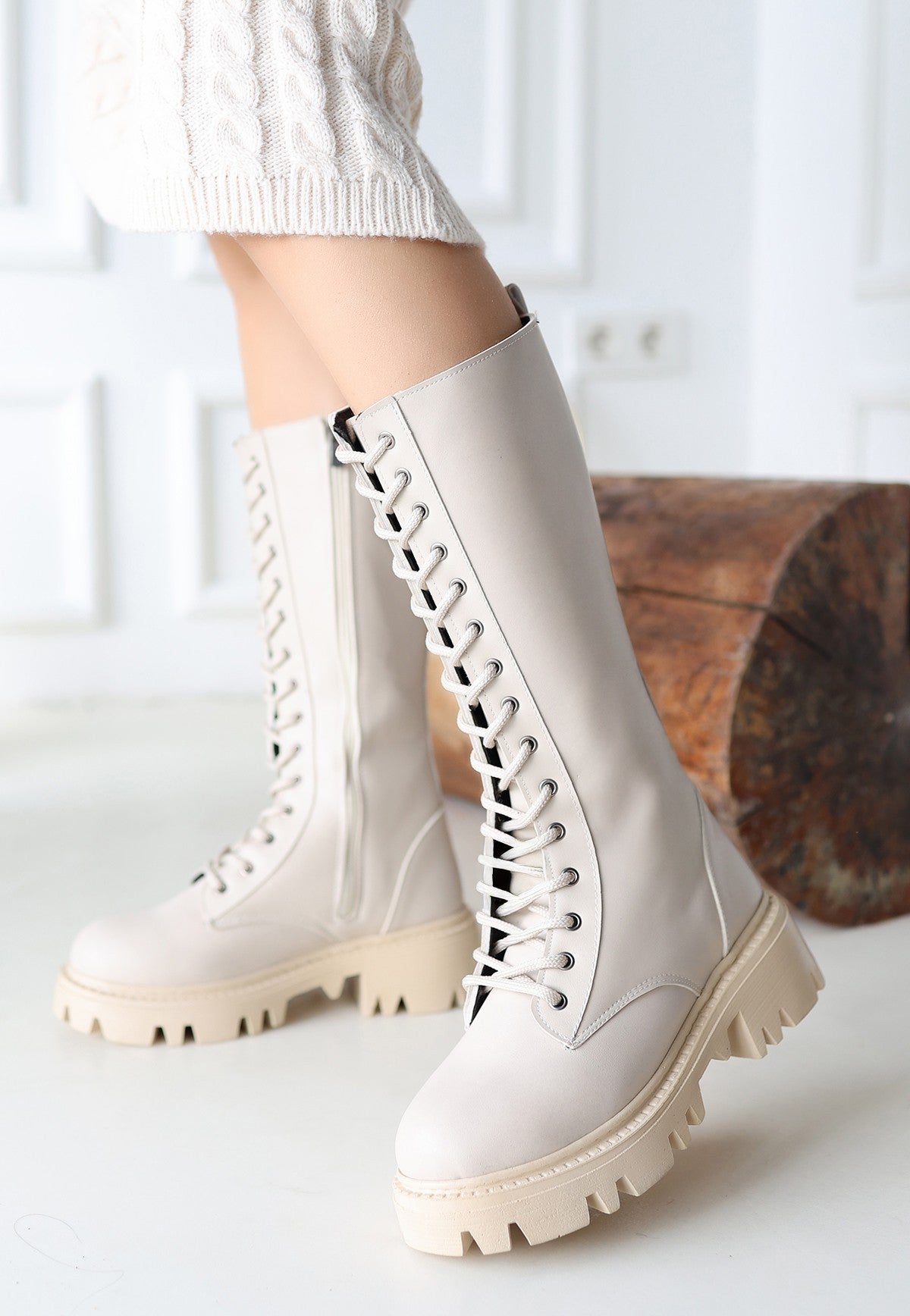 Women's Beige Leather Laced Boots - STREETMODE ™