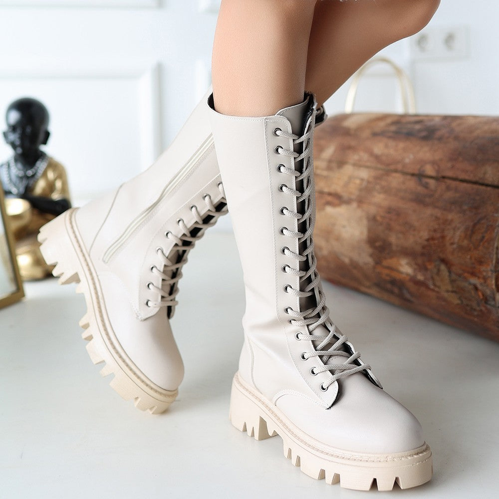 Women's Beige Leather Laced Boots - STREETMODE ™