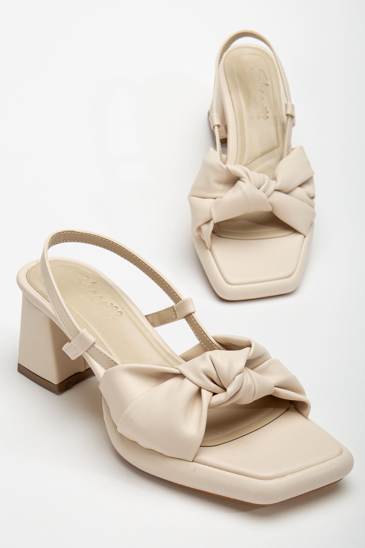 Women's Beige Leather Platform Open Toe Chunky Heel Shoes