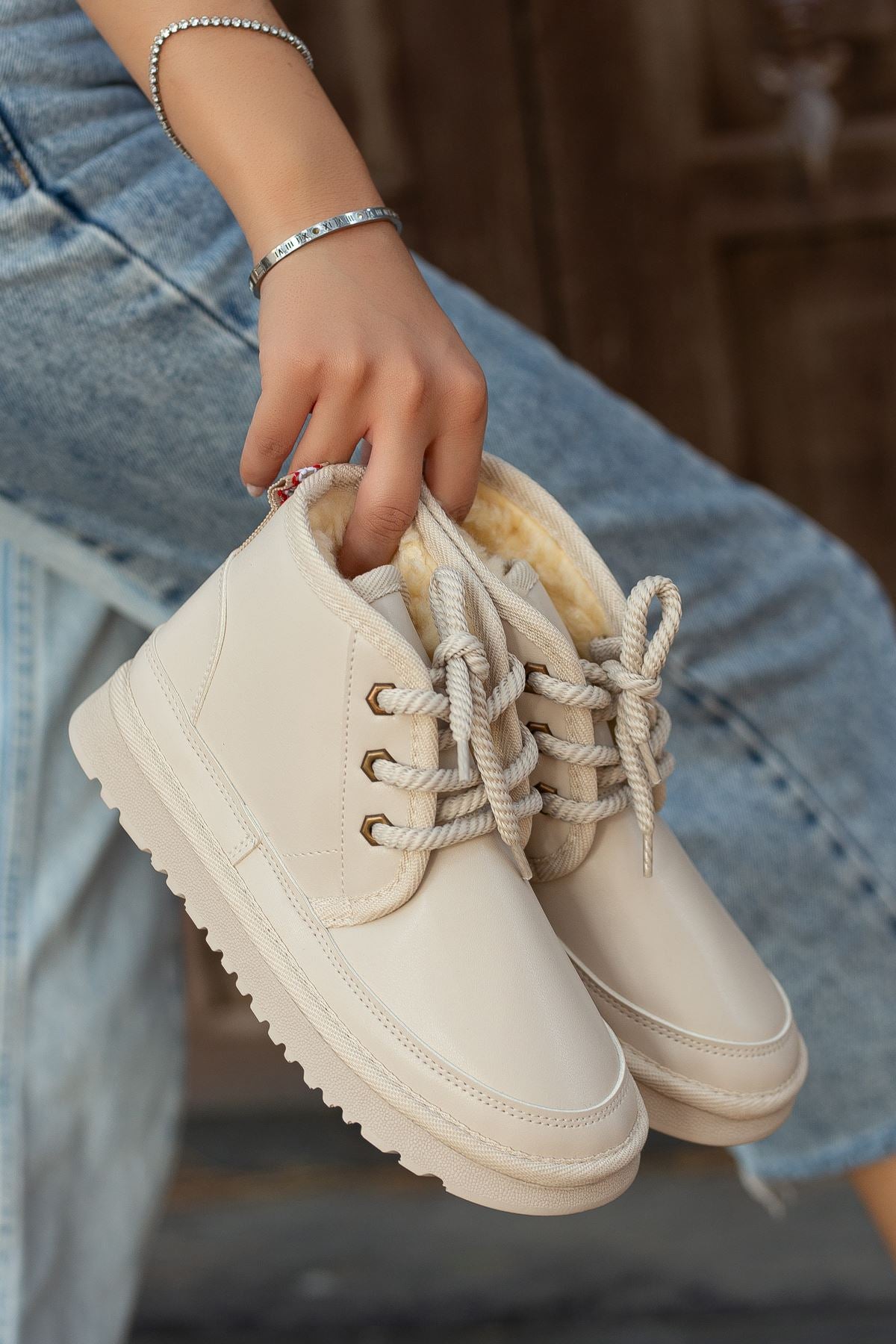 Women's Beige Leather Thick Soled Lace-Up Ankle Boots - STREETMODE ™