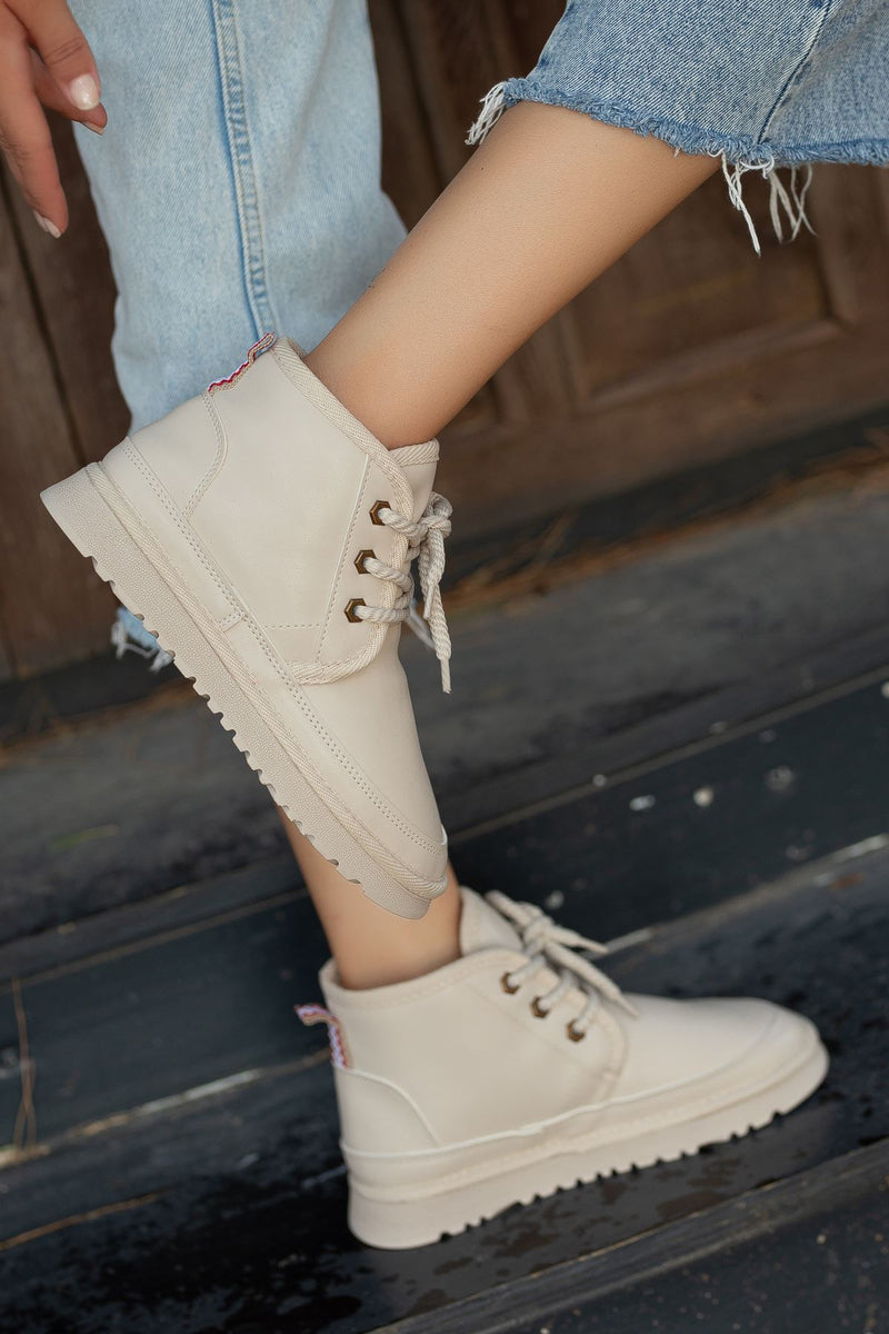 Women's Beige Leather Thick Soled Lace-Up Ankle Boots - STREETMODE ™