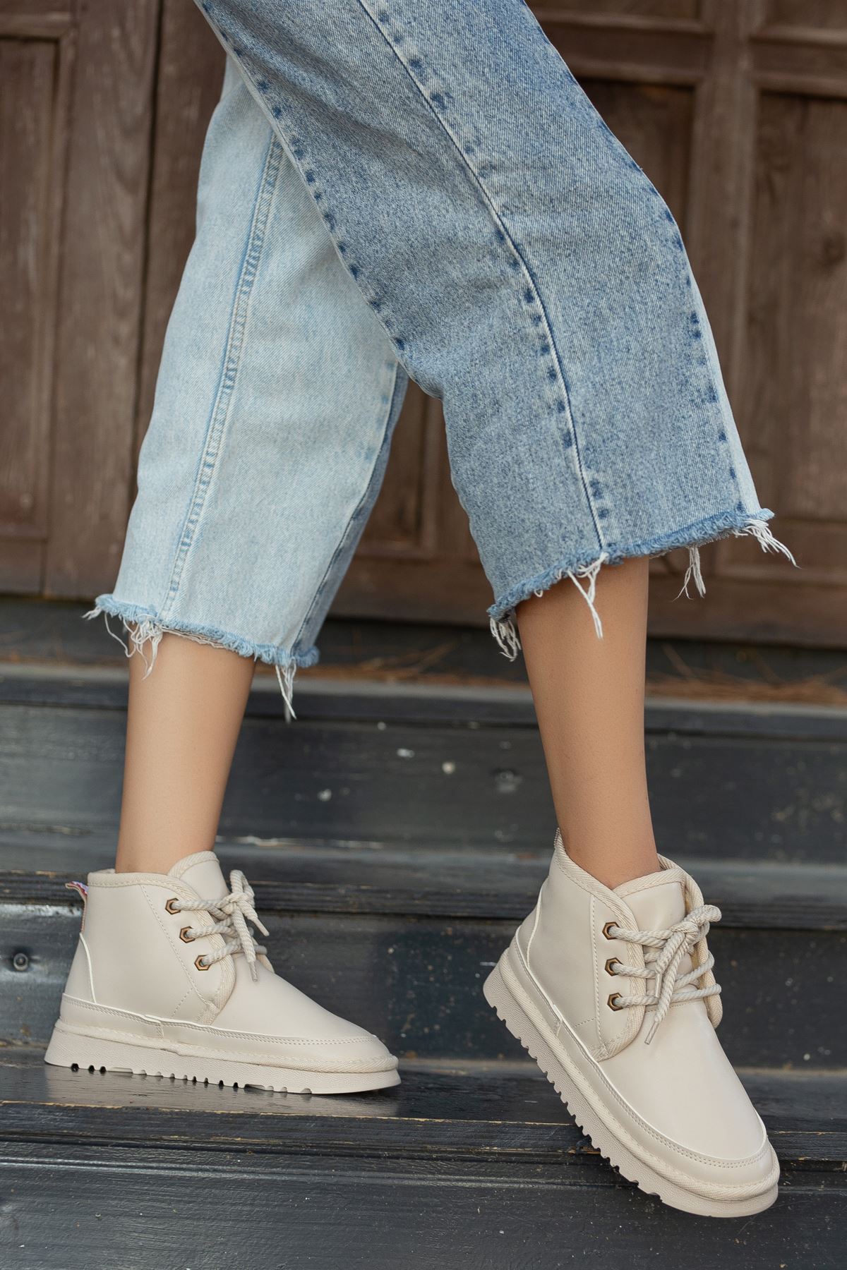 Women's Beige Leather Thick Soled Lace-Up Ankle Boots - STREETMODE ™