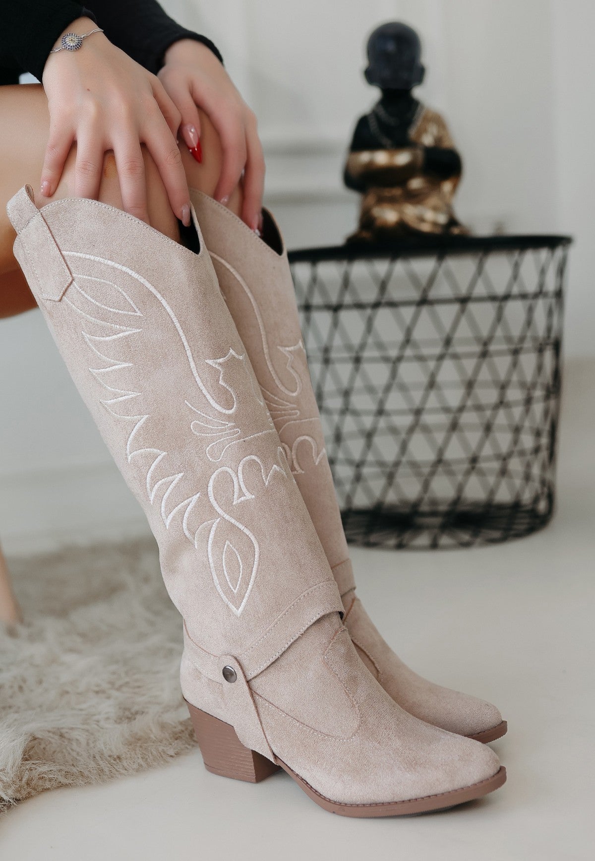 Women's Beige Suede Slip-On Heeled Boots And Boots - STREETMODE ™