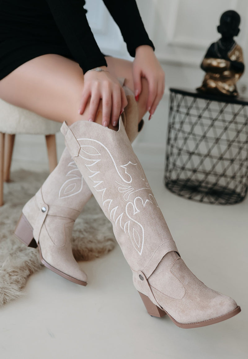 Women's Beige Suede Slip-On Heeled Boots And Boots - STREETMODE ™