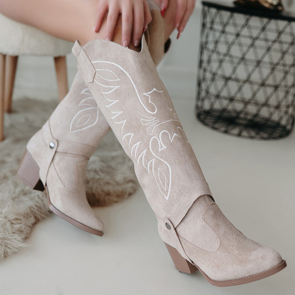 Women's Beige Suede Slip-On Heeled Boots And Boots - STREETMODE ™
