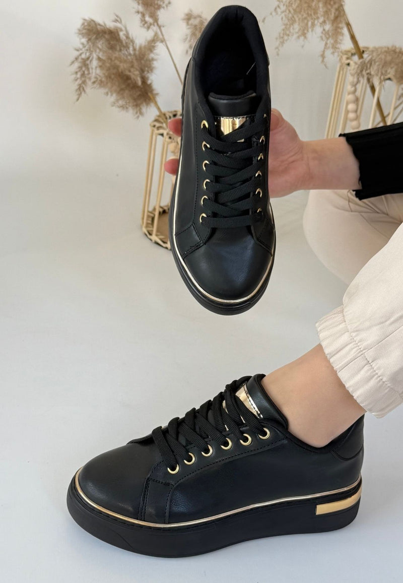 Women's Black Leather Lace-Up Sneakers - STREETMODE ™