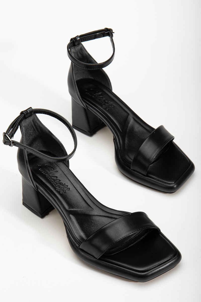 Women's Black Leather Platform Open Toe Chunky Heel Shoes - STREETMODE ™