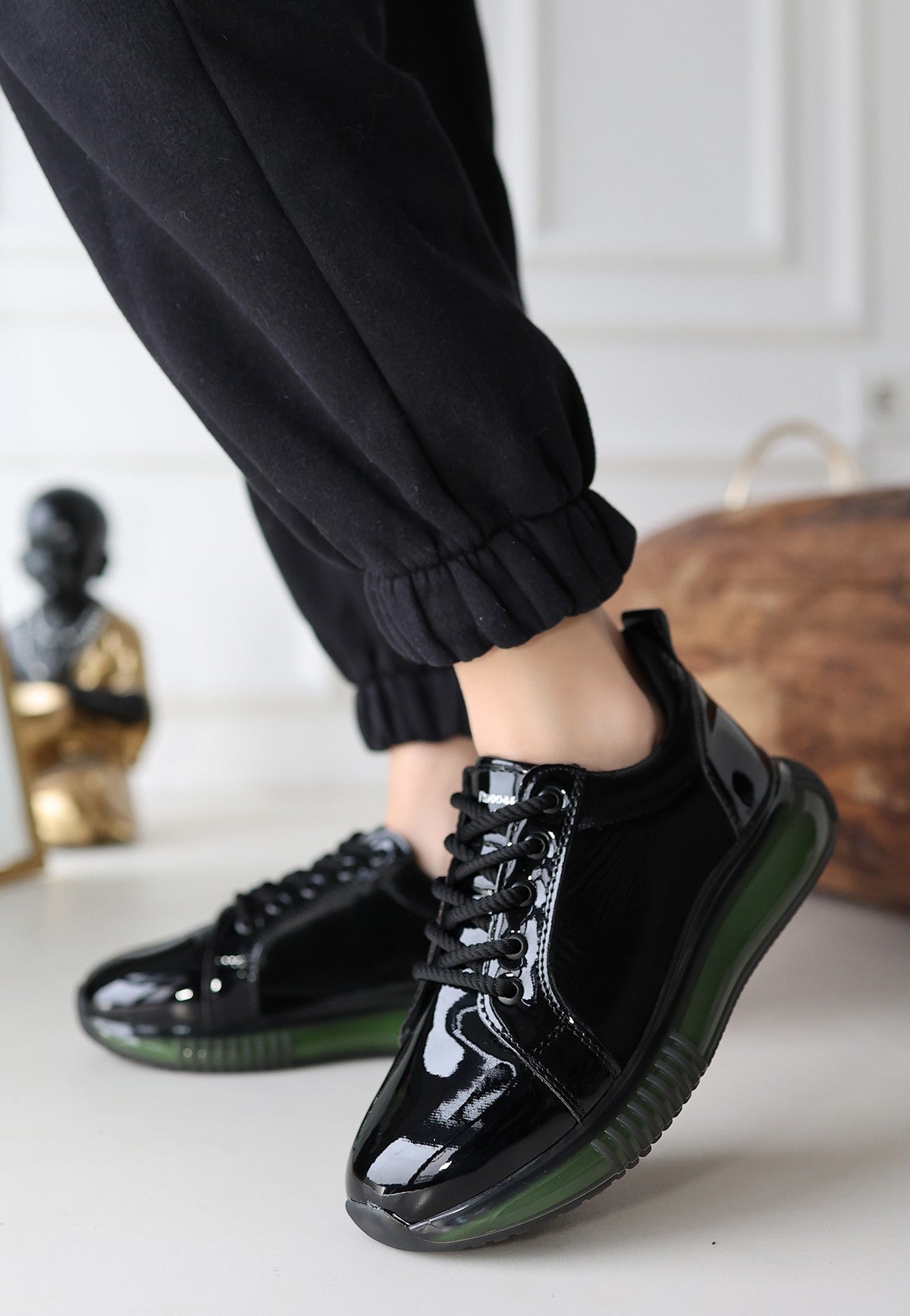 Women's Black Patent Leather Green Sole Sneakers - STREETMODE ™