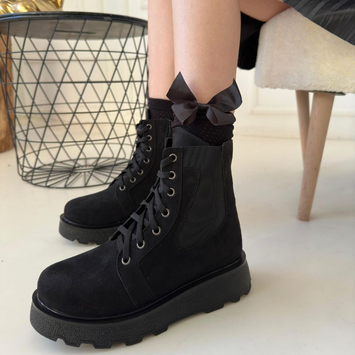 Women's Black Suede Lace-Up Boots - STREETMODE ™