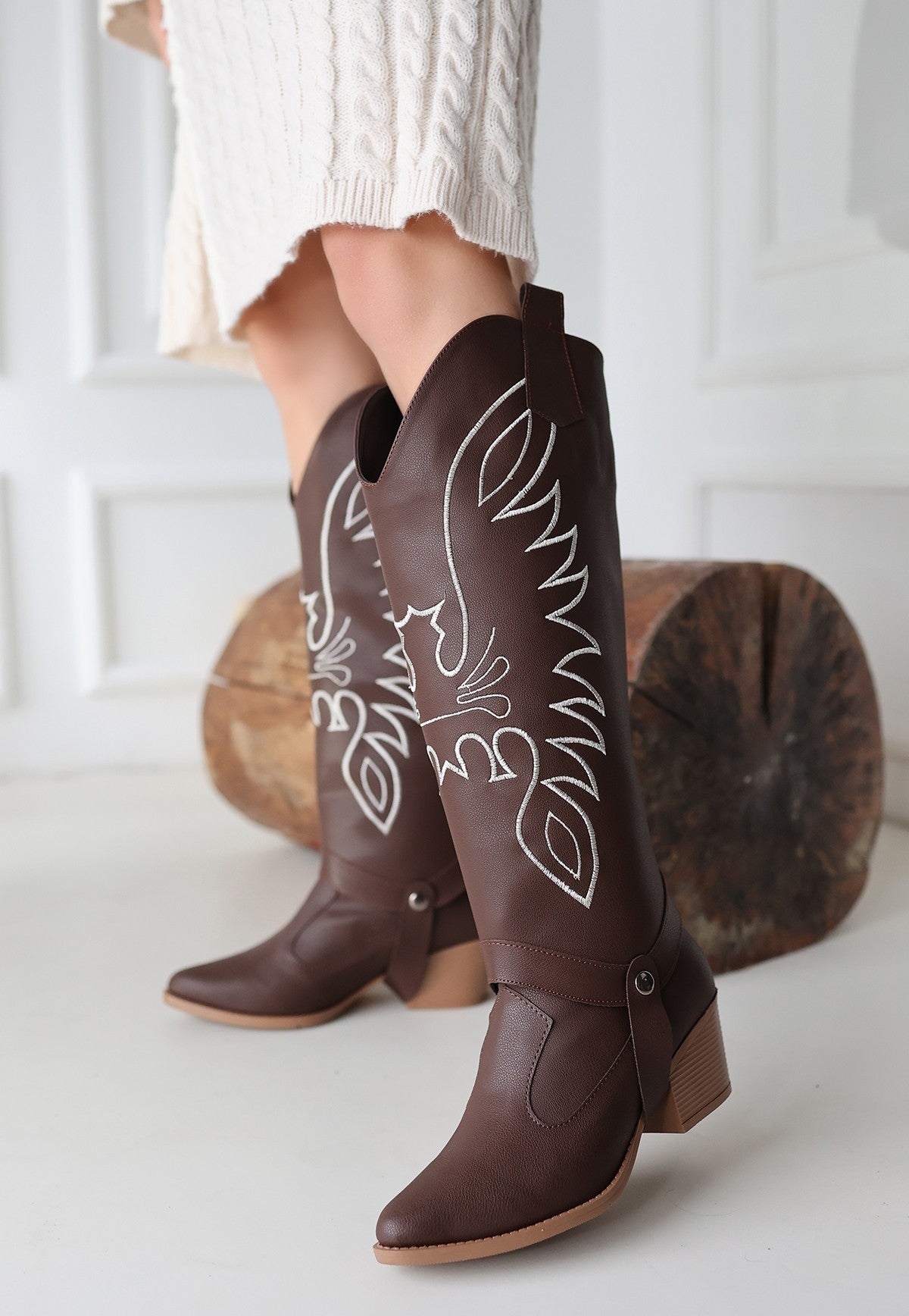Women's Brown Leather Slip-On High Heel Boots And Boots - STREETMODE ™