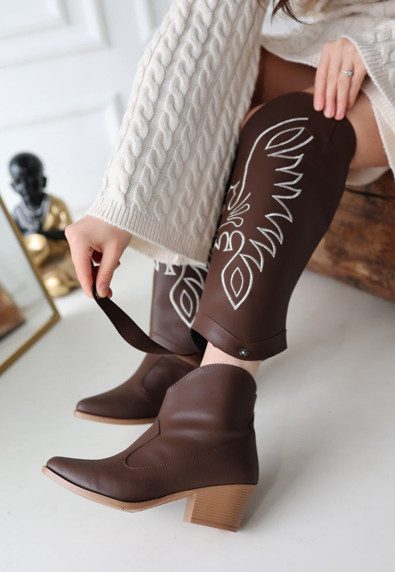 Women's Brown Leather Slip-On High Heel Boots And Boots - STREETMODE ™
