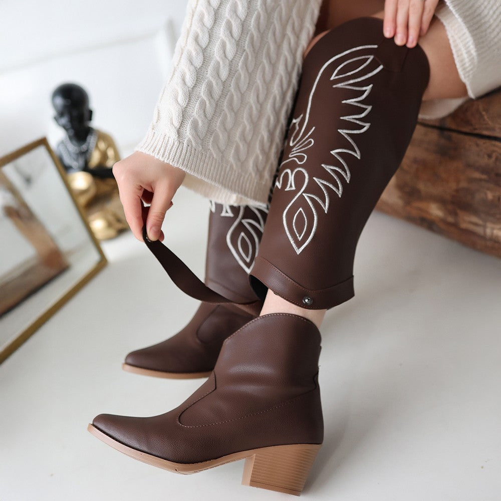 Women's Brown Leather Slip-On High Heel Boots And Boots - STREETMODE ™