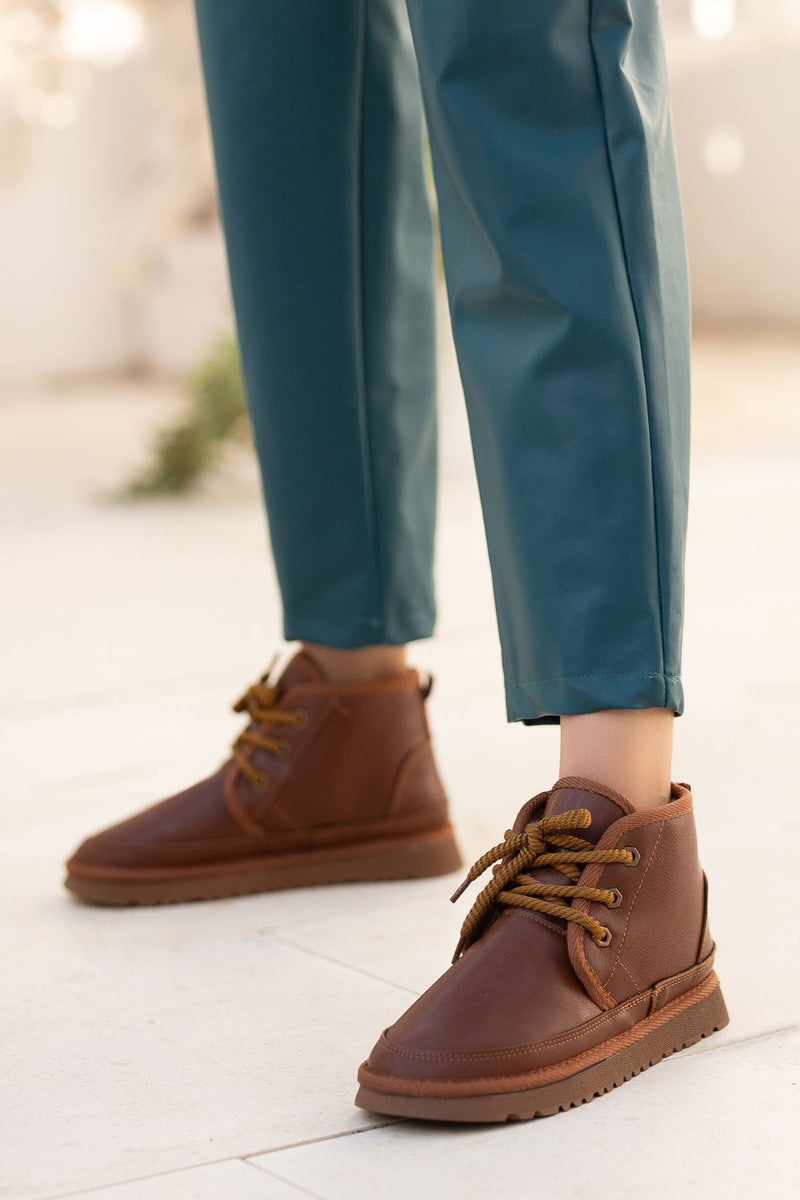 Women's Brown Leather Thick Soled Lace-Up Ankle Boots - STREETMODE ™