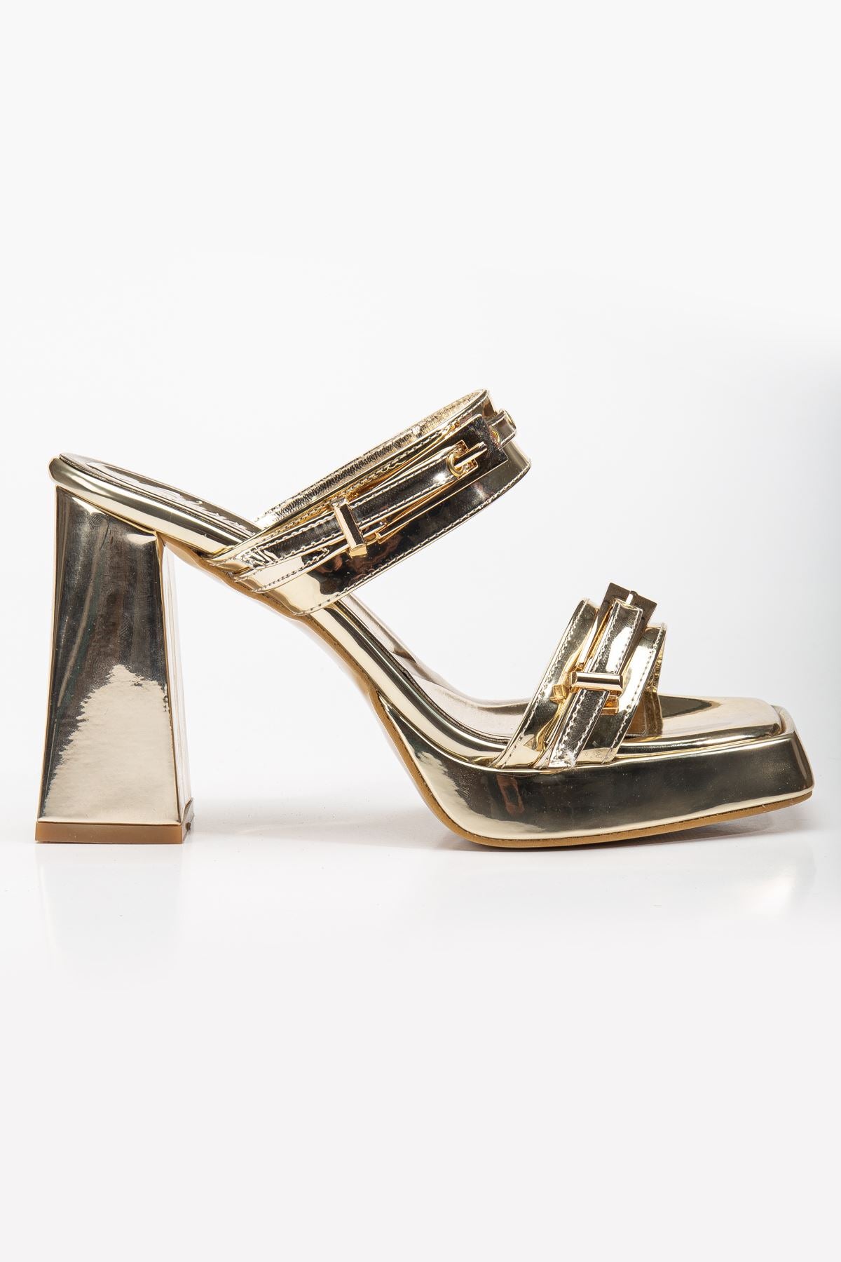 Women's Gold Patent Leather Platform Open Toe Thick Heel Shoes - STREETMODE ™