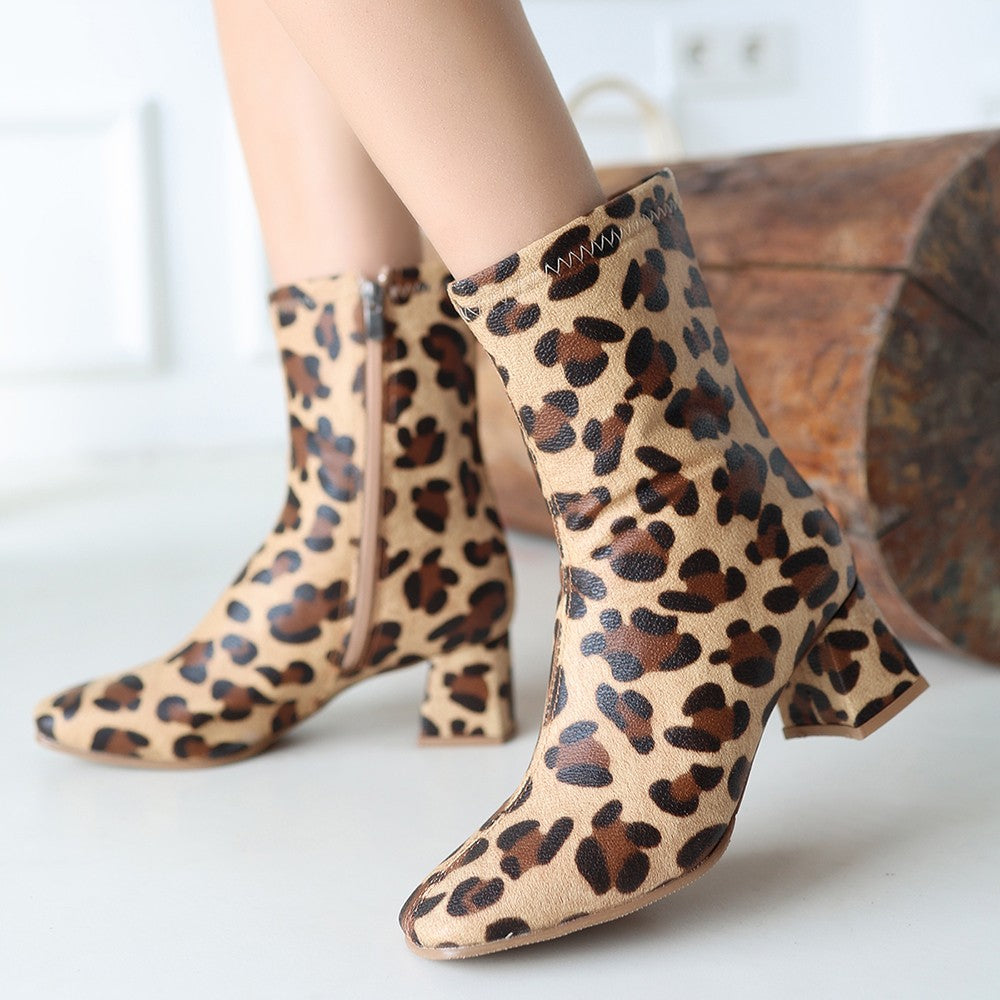 Women's Leopard Skin Stretch Heeled Boots - STREETMODE ™