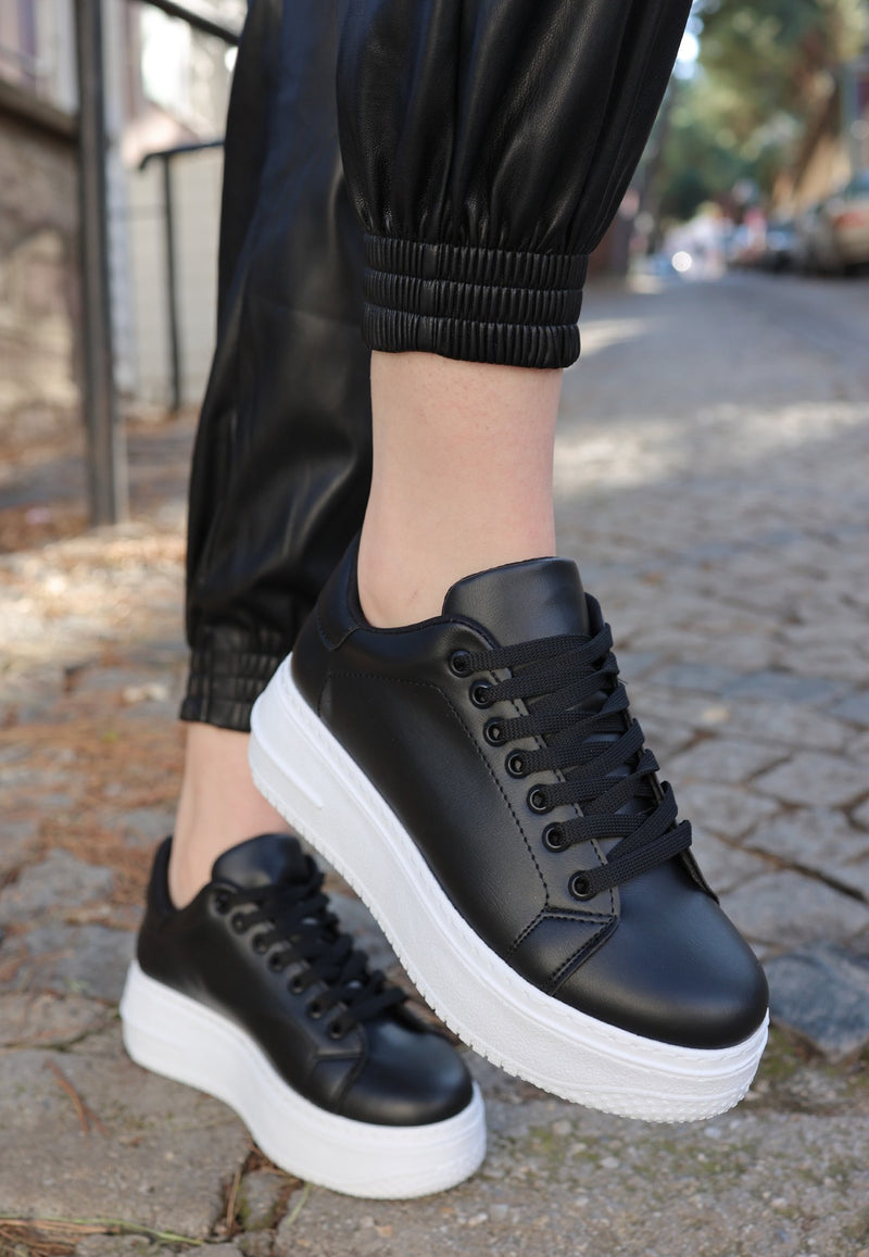 Women's Leran Black Skin White Sole Lace Up Sports Shoes - STREETMODE ™