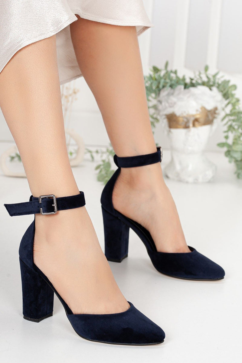 Women's Lole Navy Blue Velvet Heeled Shoes - STREETMODE ™