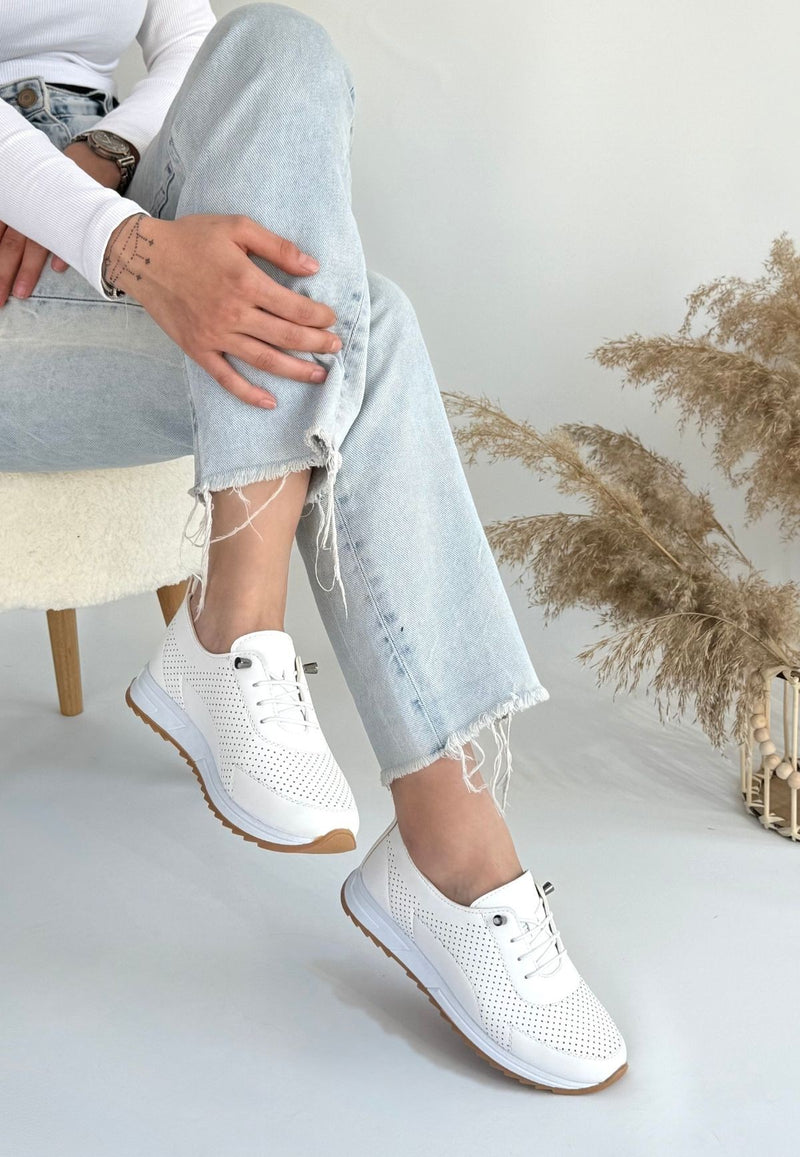 Women's White Leather Lace-Up Sneakers - STREETMODE ™