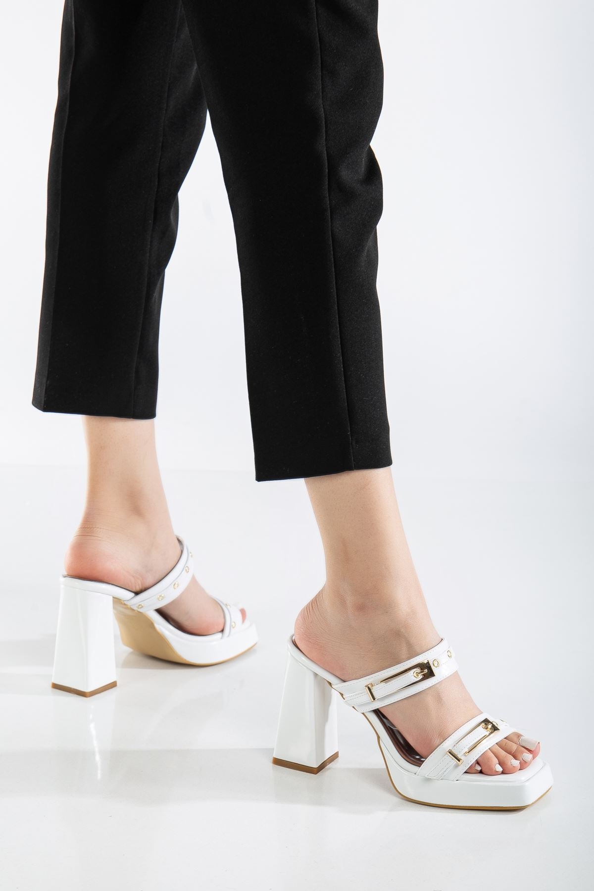 Women's White Patent Leather Platform Open Toe Thick Heel Shoes - STREETMODE ™