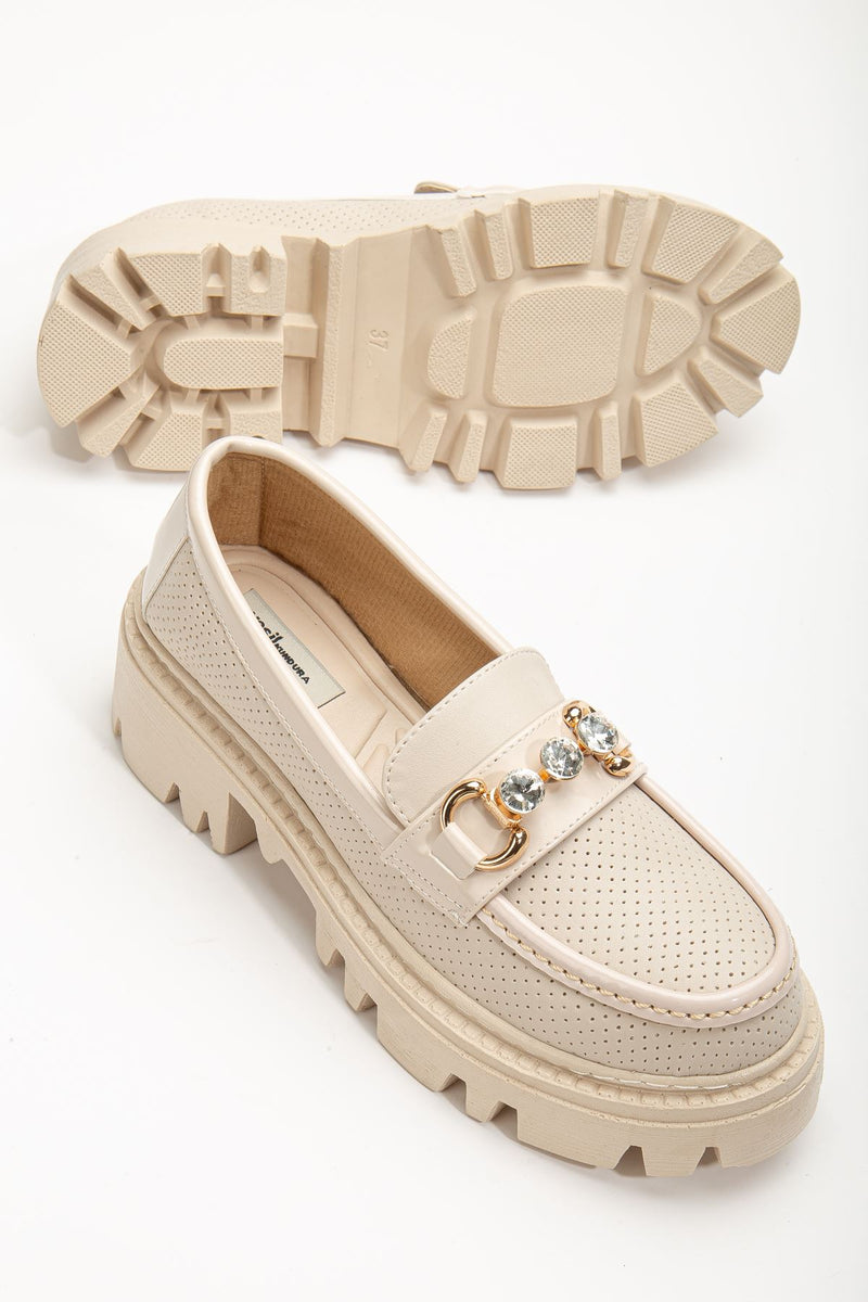 Women's Yesenia Cream Diamond Detailed Buckle Oxford Shoes - STREETMODE ™