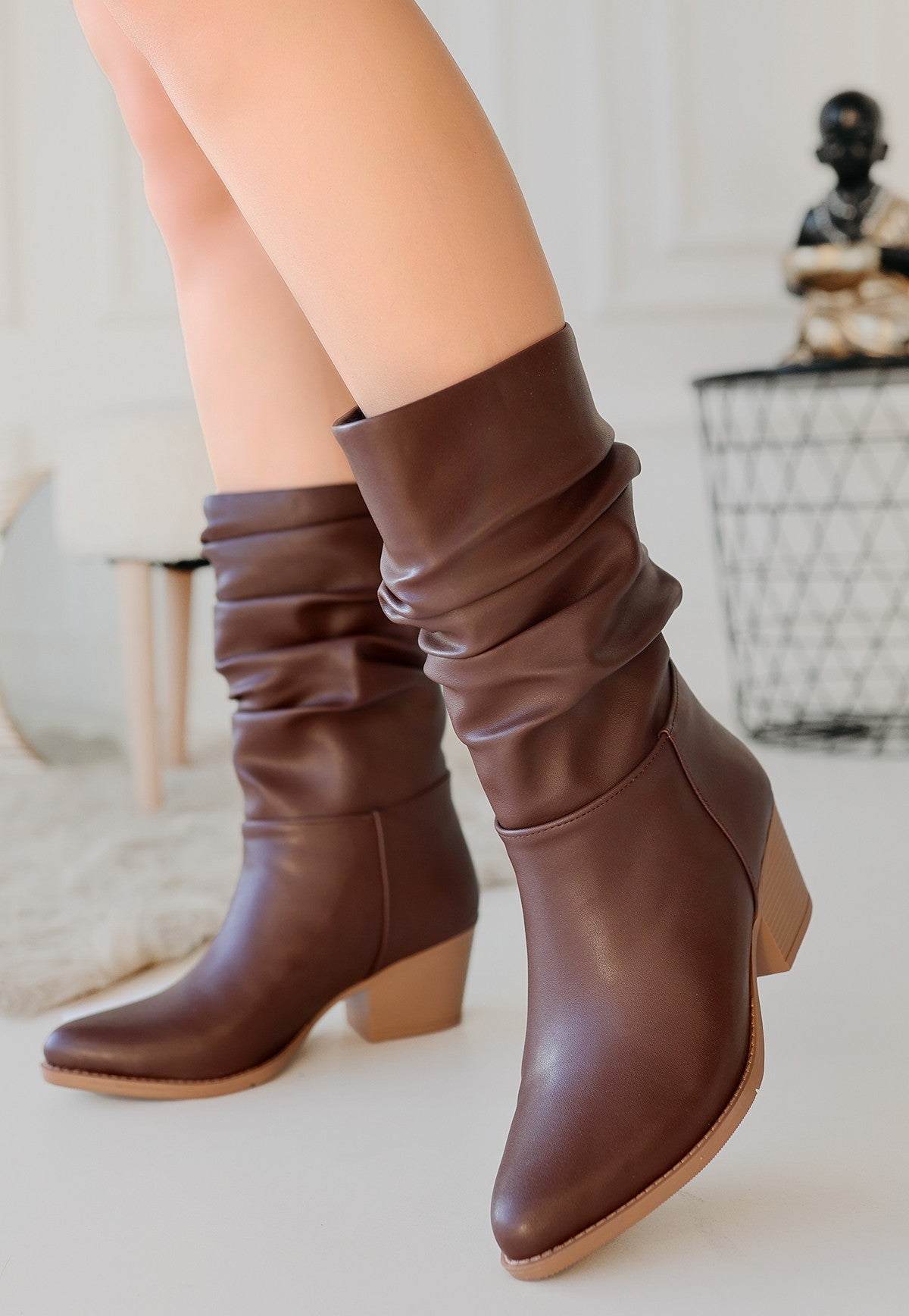 Women's Brown Leather High Heel Boots - STREETMODE ™