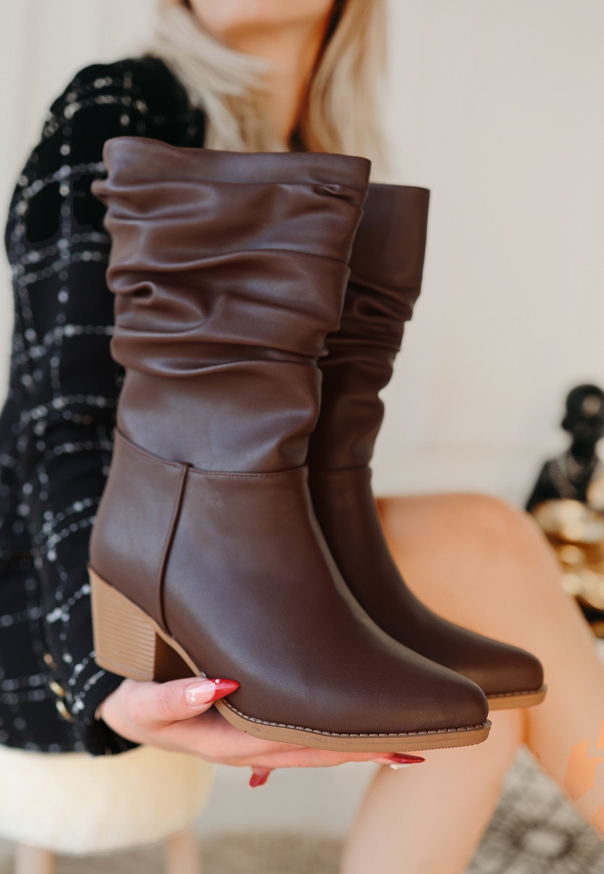 Women's Brown Leather High Heel Boots - STREETMODE ™