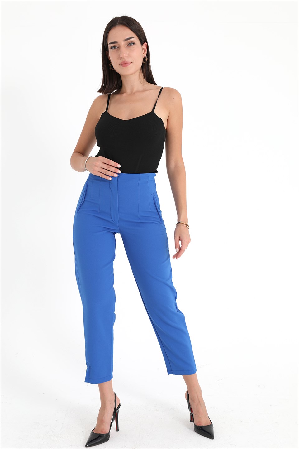 Women's High Waist Stretched Atlas Fabric Trousers - Sax Blue - STREETMODE ™