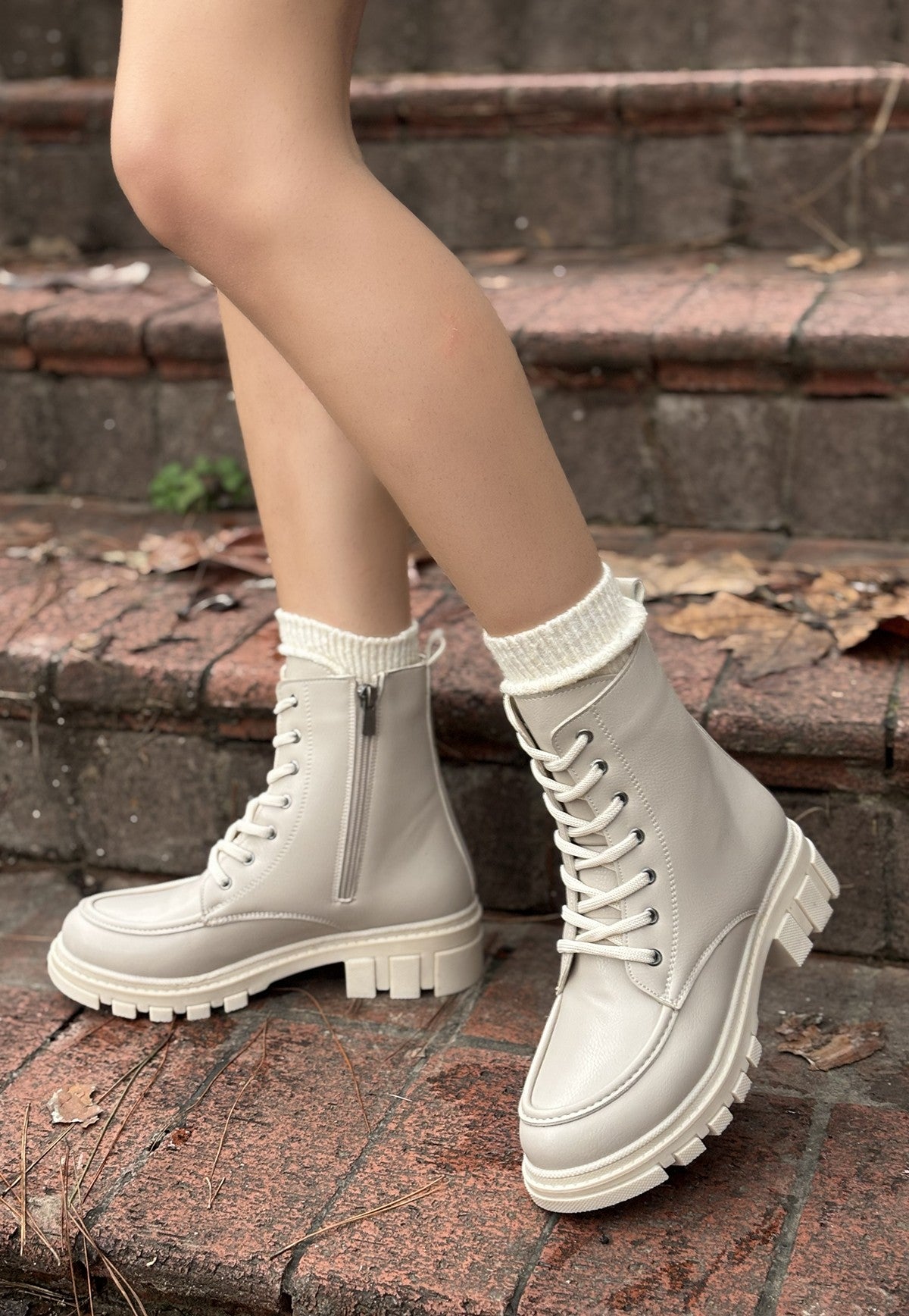 Women's Beige Leather Lace-Up Boots - STREETMODE ™
