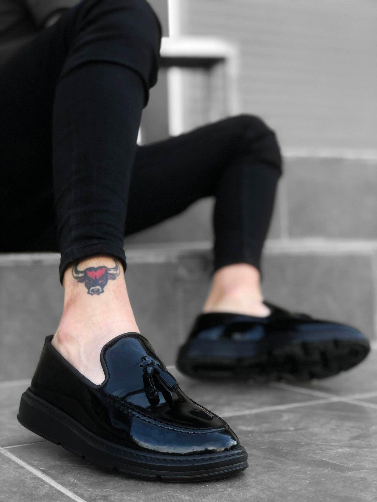 BA0005 Laceless High Sole Black Patent Leather Classic Tasseled Corcik Men's Shoes - STREET MODE ™
