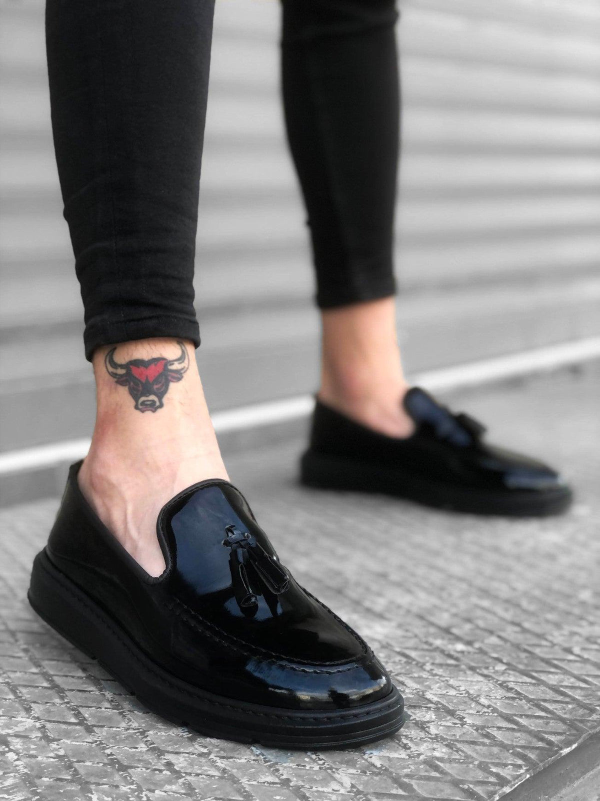 BA0005 Laceless High Sole Black Patent Leather Classic Tasseled Corcik Men's Shoes - STREET MODE ™