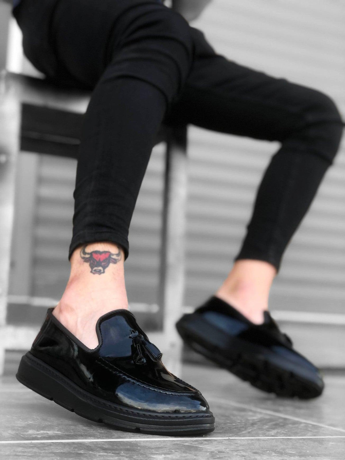 BA0005 Laceless High Sole Black Patent Leather Classic Tasseled Corcik Men's Shoes - STREET MODE ™