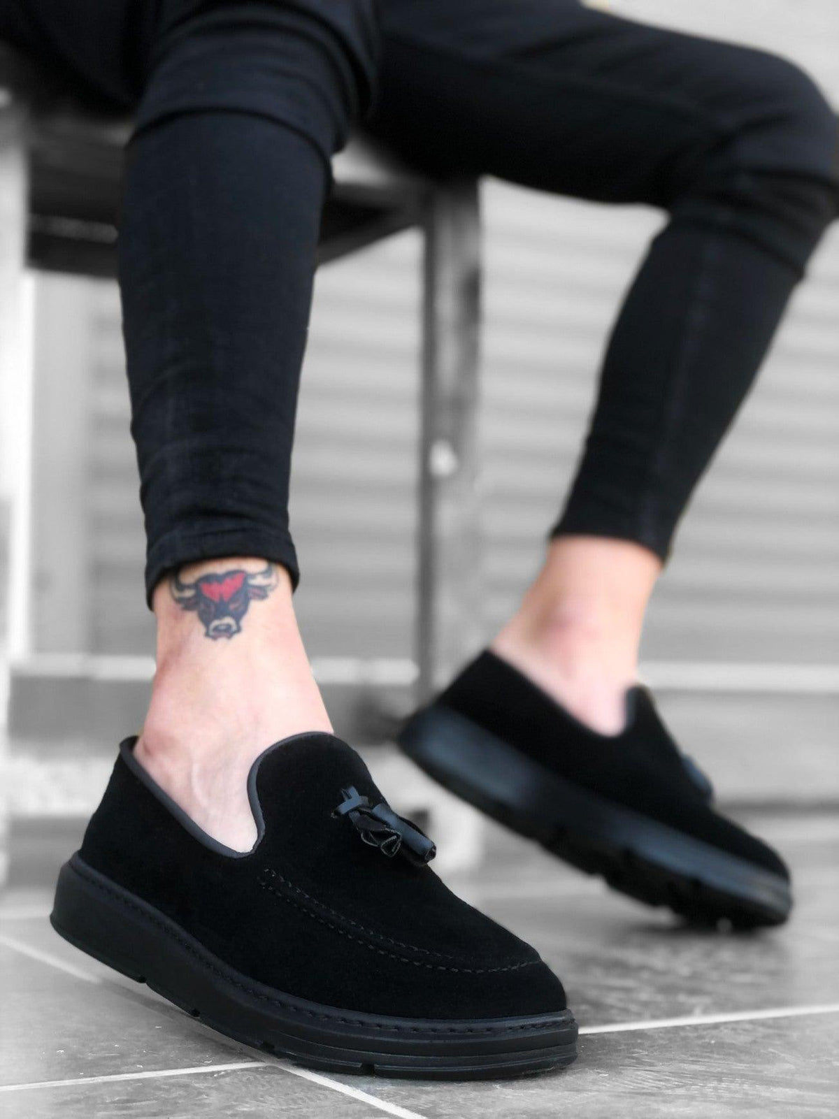 BA0005 Laceless High Sole Classic Suede Black Black Sole Tassel Men's Shoes - STREET MODE ™