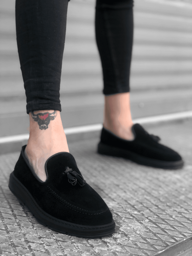 BA0005 Laceless High Sole Classic Suede Black Black Sole Tassel Men's Shoes - STREET MODE ™