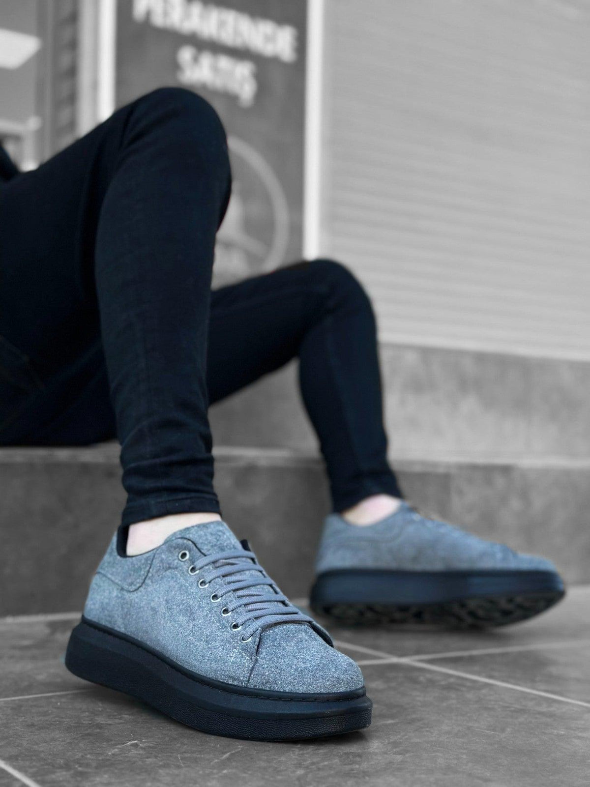 BA0547 Thick High Sole Gray Black Suede Lace-Up Sports Men's Sneakers Shoes - STREET MODE ™
