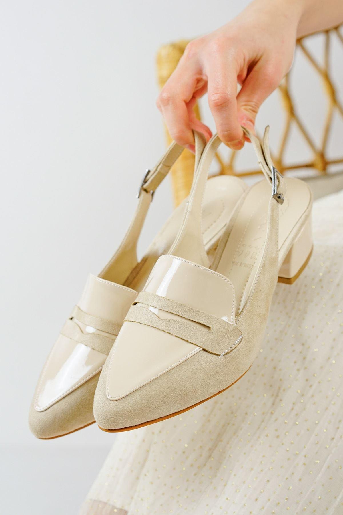 Bert Cream Patent Leather - Suede Pointed Toe Low Heels Women's Shoes - STREET MODE ™