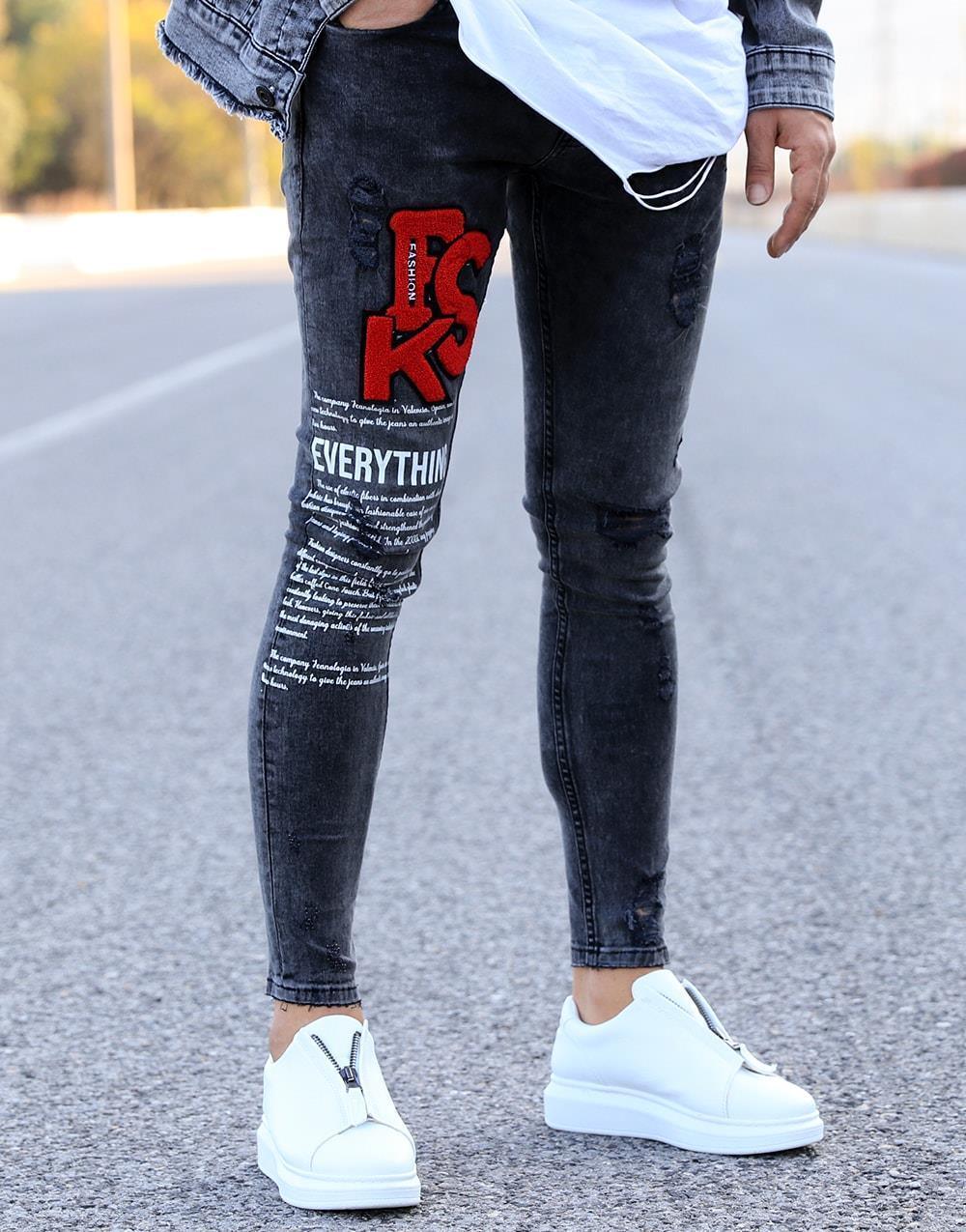 Black Denim Distressed PSK Fashion Streetwear Slim Fit Denim Jeans - STREET MODE ™